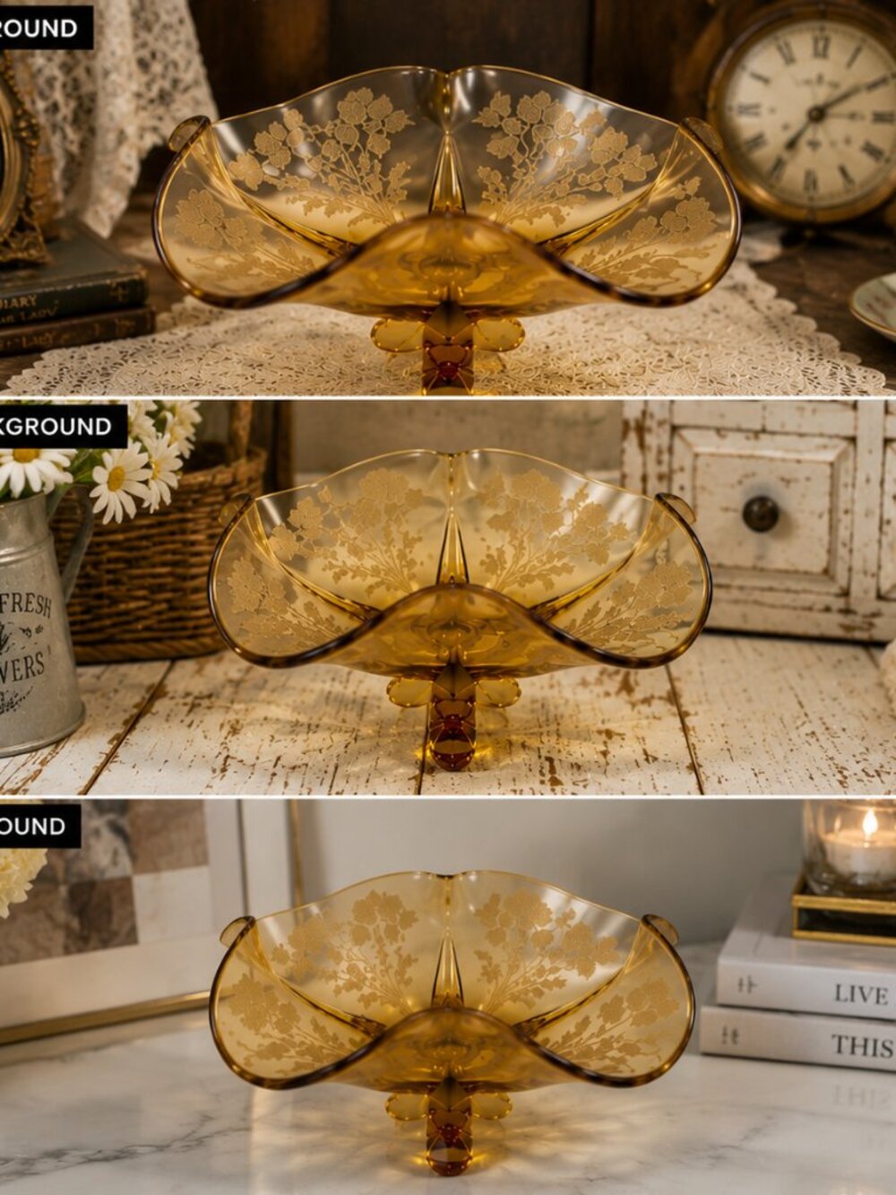 GLB-02--Vintage Amber Glass Floral Covered Dish